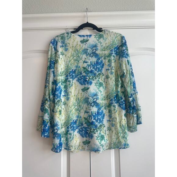 Reba Blues Travelers, Blue, Green, and Yellow, Rustic Boho Ruffle Sleeves Blouse - Picture 9 of 9